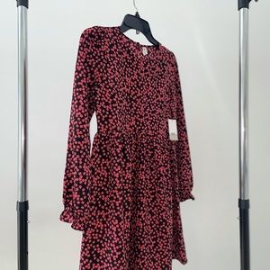 BP Print Shirred Long Sleeve Mini Dress Black Graphic Blooms Babydoll RN58665